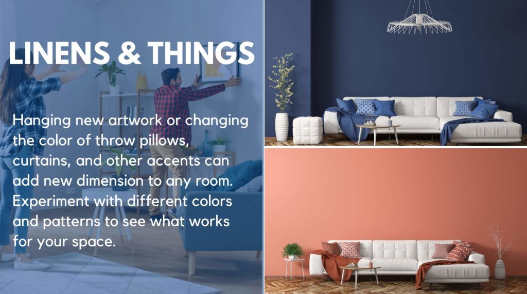 A collage showing the difference in mood using different colors in a room can make: a white couch with orange pillows versus blue pillows, and a couple hanging artwork on their wall.