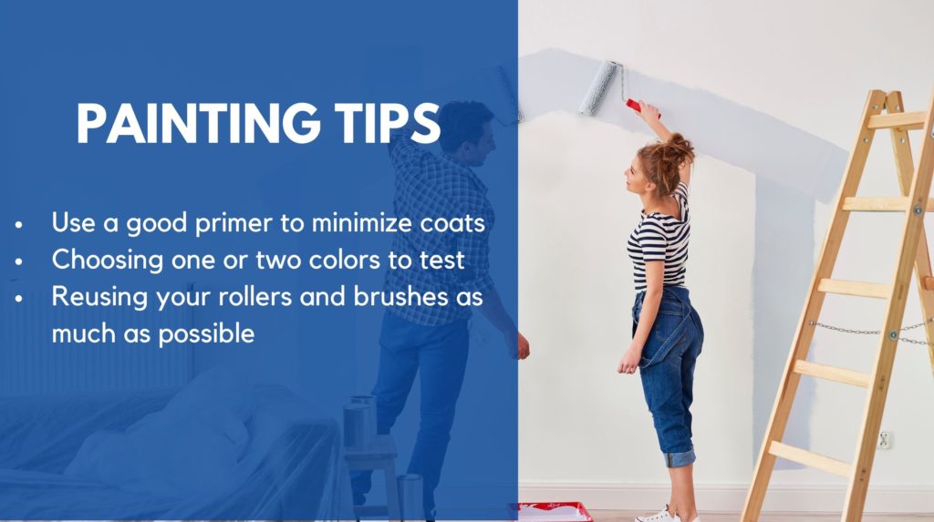 couple painting the outline of a house on their wall, along with some text detailing painting tips such as using a good primer, choosing test colors, and reusing rollers