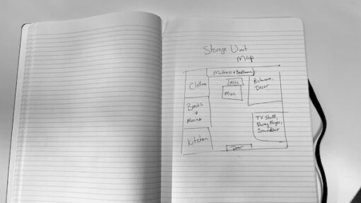 a hand drawn map of a storage unit in a notebook