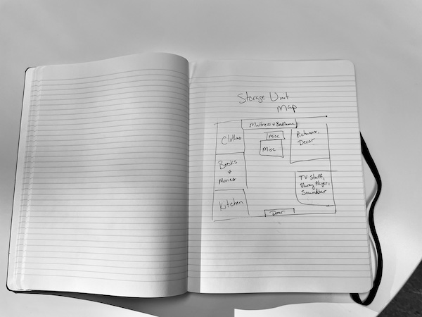 a hand drawn map of a storage unit in a notebook