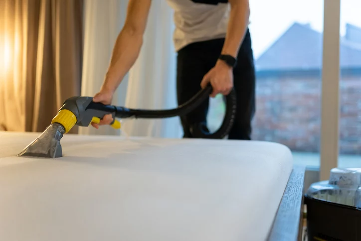 A man vacuuming dirt and dust from a bare mattress in a bedroom