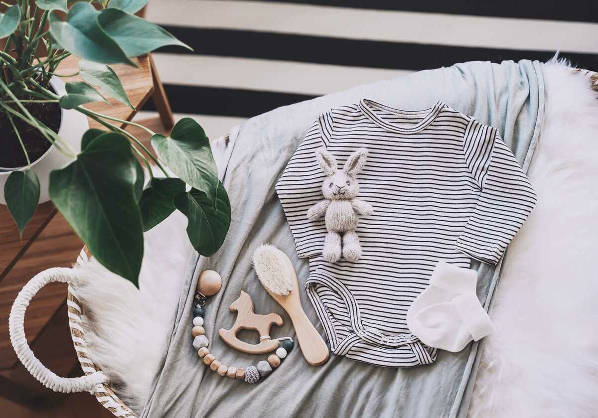 A stuffed rabbit, wooden toys, and brush sit on top of a gray and white striped onesie. These items all lay in a bassinet next to a plant with large, green leaves.