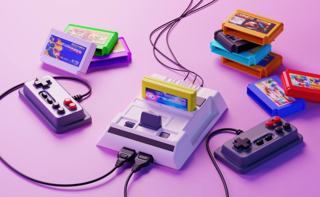 A retro gaming console with cords is surrounded by game cartridges and controllers