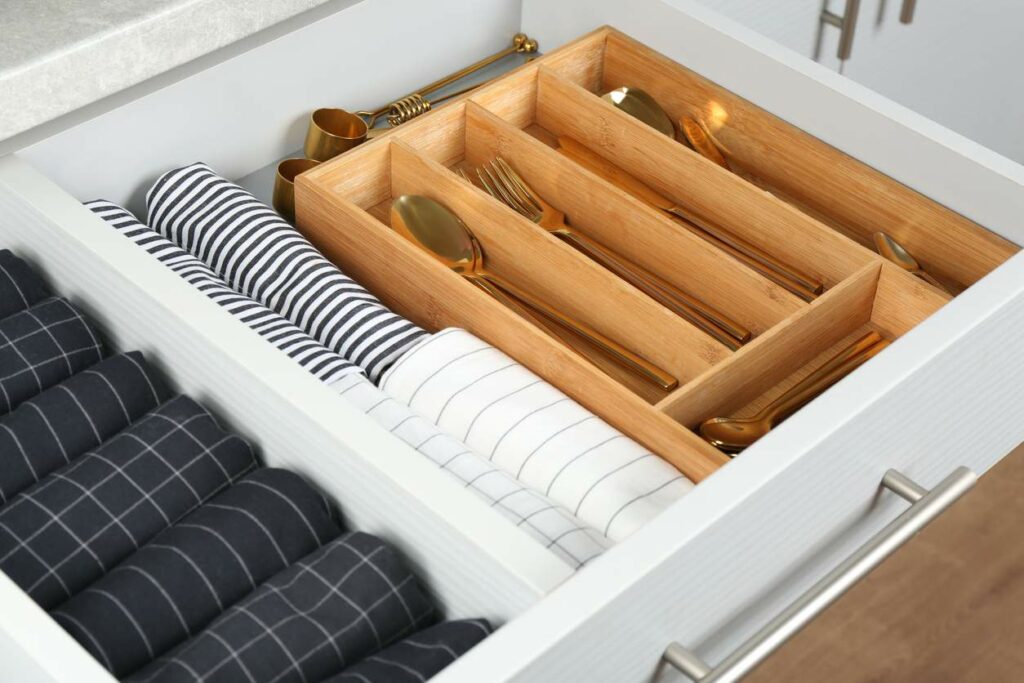 An organized silverware drawer shows an insert for spoons, knives, and forks, and rolled dish towels filling in the remaining space