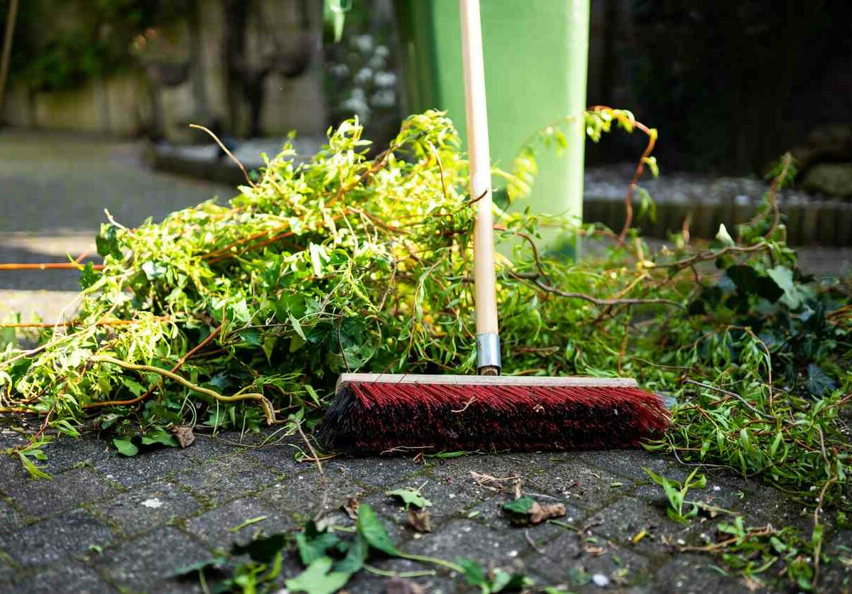 A red broom with a wooden handle sits among a pile of greenery that has been swept up.