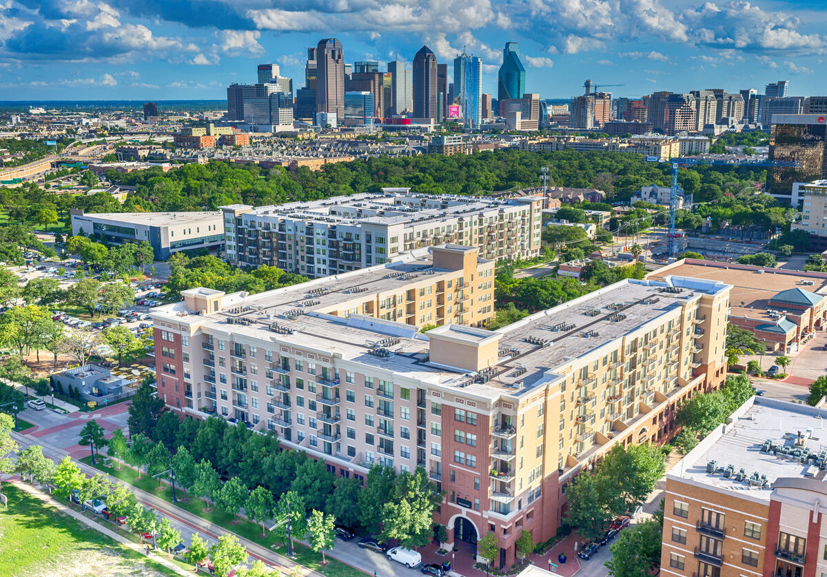 A view of the Dallas skyline from McKinney Avenue in Uptown.