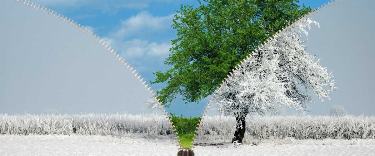 A zipper graphic divides a spring and winter landscape in half.