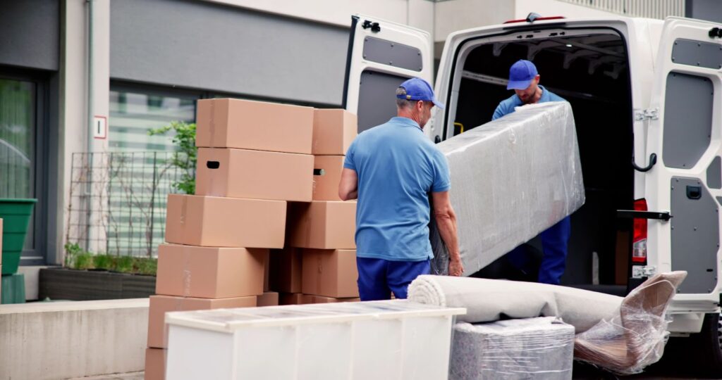 A pair of movers help move a large cabinet into a van.