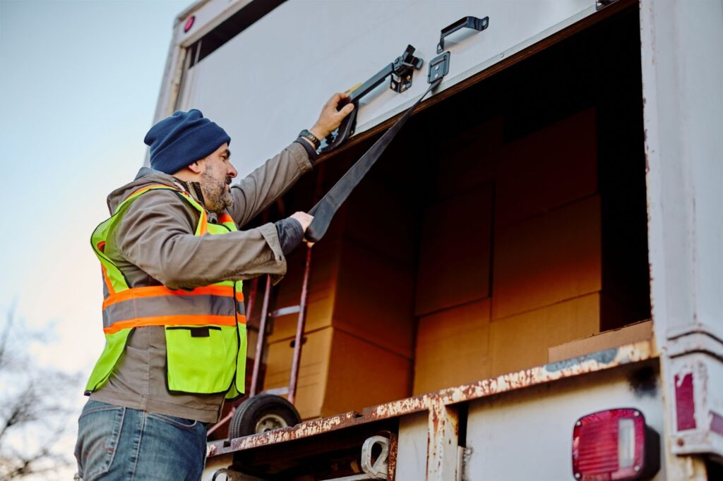 A man in a yellow vest rolls down the door of a moving truck.
