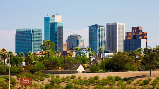 The Phoenix, AZ, skyline with desert trees in the foreground.