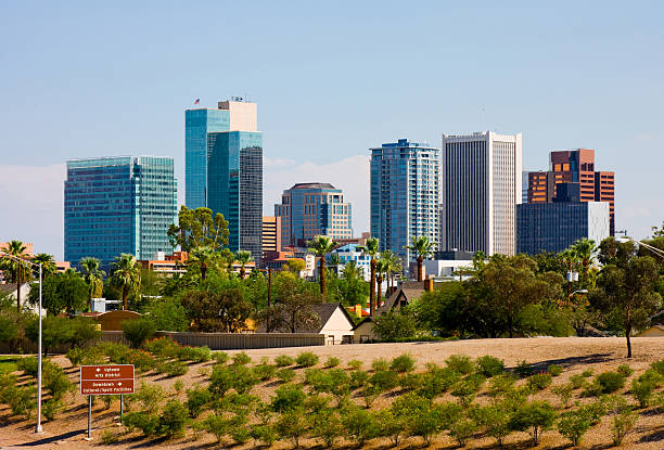 The Phoenix, AZ, skyline with desert trees in the foreground.