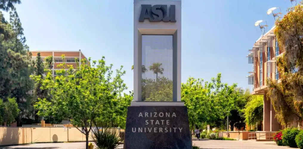 Entrance sign of the campus or Arizona State University in the summer.