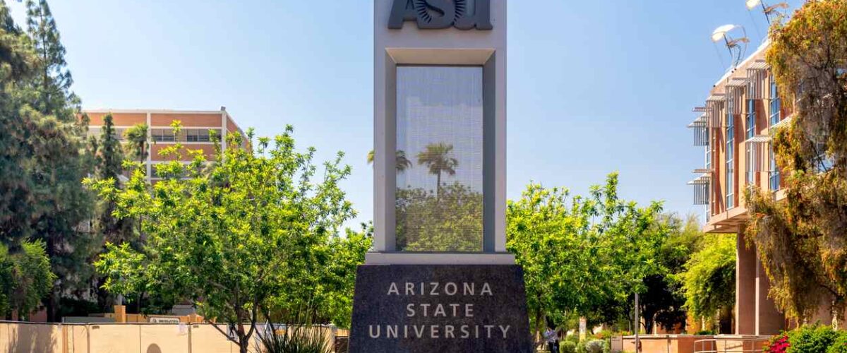 Entrance sign of the campus or Arizona State University in the summer.