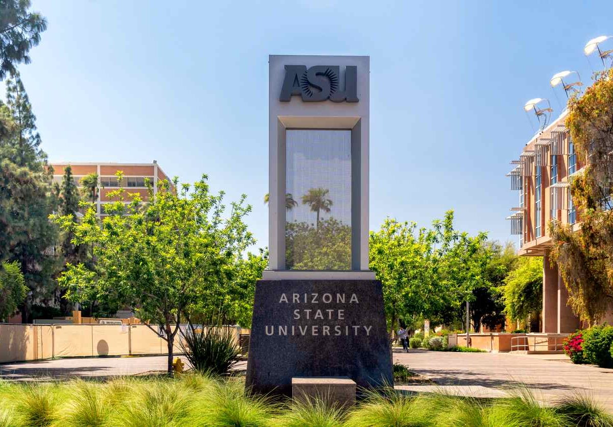 Entrance sign of the campus or Arizona State University in the summer.