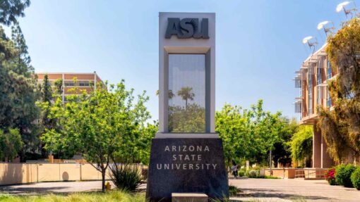 Entrance sign of the campus or Arizona State University in the summer.