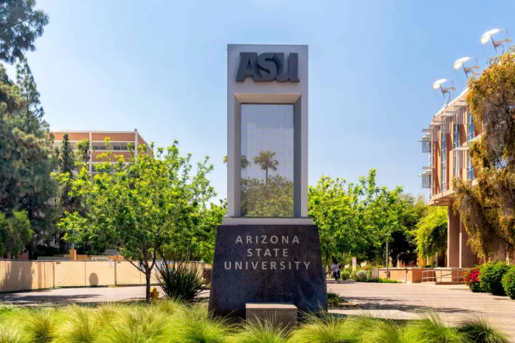 Entrance sign of the campus or Arizona State University in the summer.