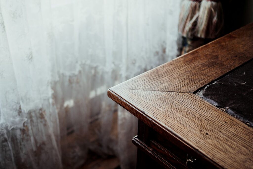 Close-up of the wooden table surface at home.
