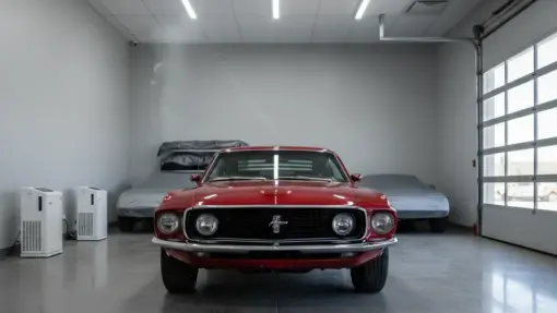 A polished vintage muscle car sits in a clean, modern storage facility with bright lights and smooth concrete floors.